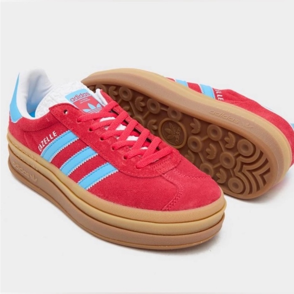 adidas Gazelle Platform Sneakers in Red and Light Blue with Gum Sole